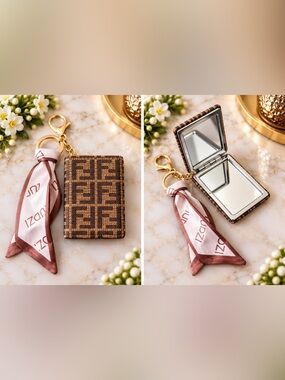Brown & Tan Compact Mirror Keyring with Pink Scarf